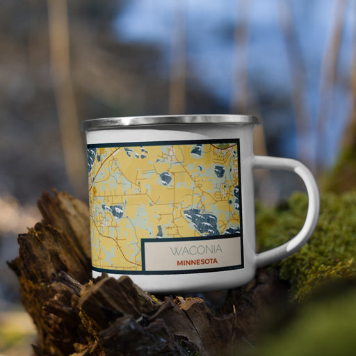 Right View Custom Waconia Minnesota Map Enamel Mug in Woodblock on Grass With Trees in Background