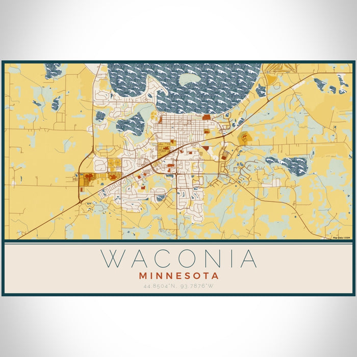 Waconia Minnesota Map Print Landscape Orientation in Woodblock Style With Shaded Background