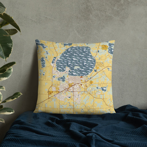 Custom Waconia Minnesota Map Throw Pillow in Woodblock on Bedding Against Wall