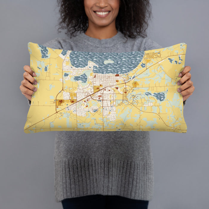 Person holding 20x12 Custom Waconia Minnesota Map Throw Pillow in Woodblock
