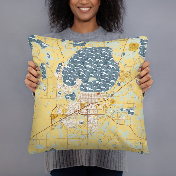 Person holding 18x18 Custom Waconia Minnesota Map Throw Pillow in Woodblock
