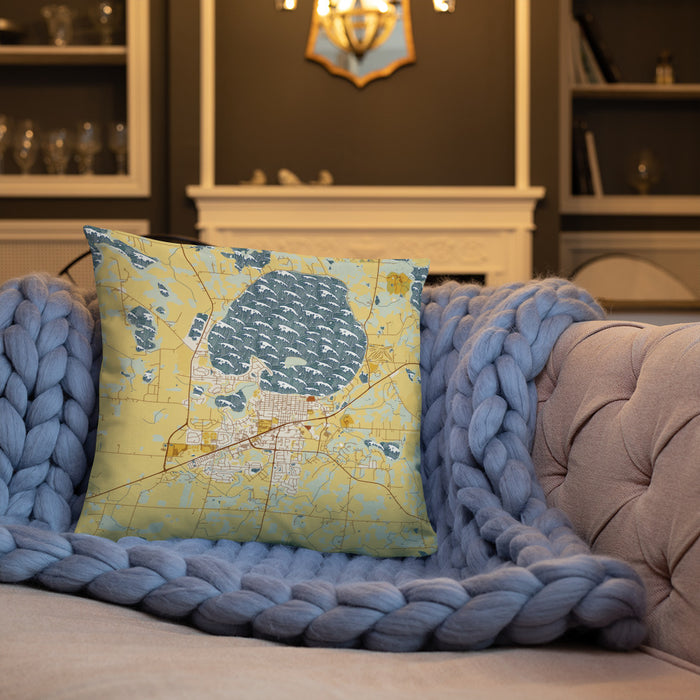 Custom Waconia Minnesota Map Throw Pillow in Woodblock on Cream Colored Couch