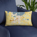 Custom Waconia Minnesota Map Throw Pillow in Woodblock on Blue Colored Chair