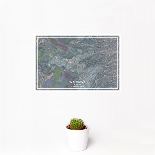 12x18 Wahiawa Hawaii Map Print Landscape Orientation in Afternoon Style With Small Cactus Plant in White Planter