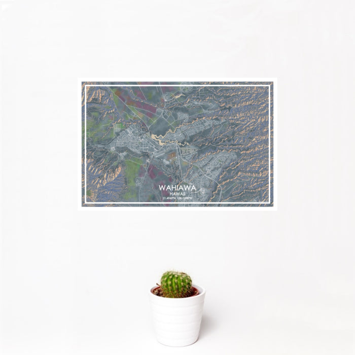 12x18 Wahiawa Hawaii Map Print Landscape Orientation in Afternoon Style With Small Cactus Plant in White Planter