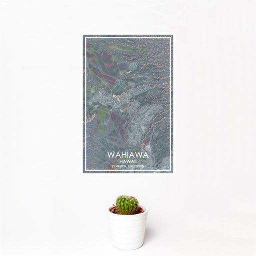 12x18 Wahiawa Hawaii Map Print Portrait Orientation in Afternoon Style With Small Cactus Plant in White Planter