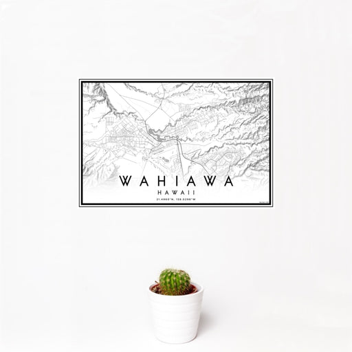 12x18 Wahiawa Hawaii Map Print Landscape Orientation in Classic Style With Small Cactus Plant in White Planter