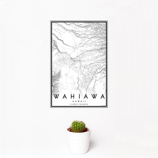 12x18 Wahiawa Hawaii Map Print Portrait Orientation in Classic Style With Small Cactus Plant in White Planter