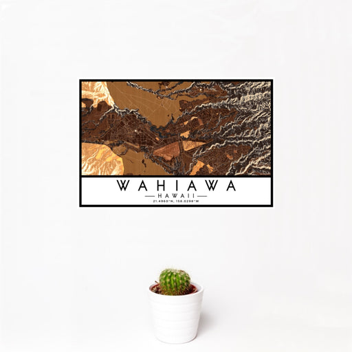 12x18 Wahiawa Hawaii Map Print Landscape Orientation in Ember Style With Small Cactus Plant in White Planter