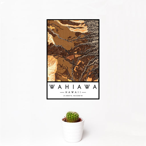 12x18 Wahiawa Hawaii Map Print Portrait Orientation in Ember Style With Small Cactus Plant in White Planter