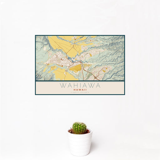 12x18 Wahiawa Hawaii Map Print Landscape Orientation in Woodblock Style With Small Cactus Plant in White Planter