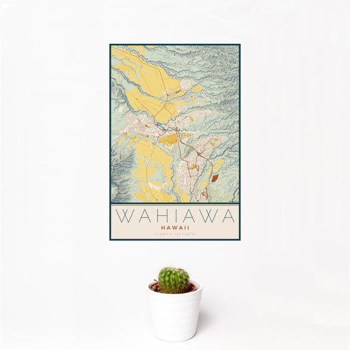 12x18 Wahiawa Hawaii Map Print Portrait Orientation in Woodblock Style With Small Cactus Plant in White Planter