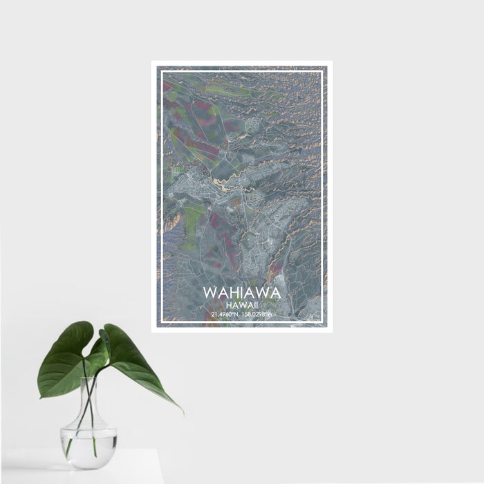 16x24 Wahiawa Hawaii Map Print Portrait Orientation in Afternoon Style With Tropical Plant Leaves in Water