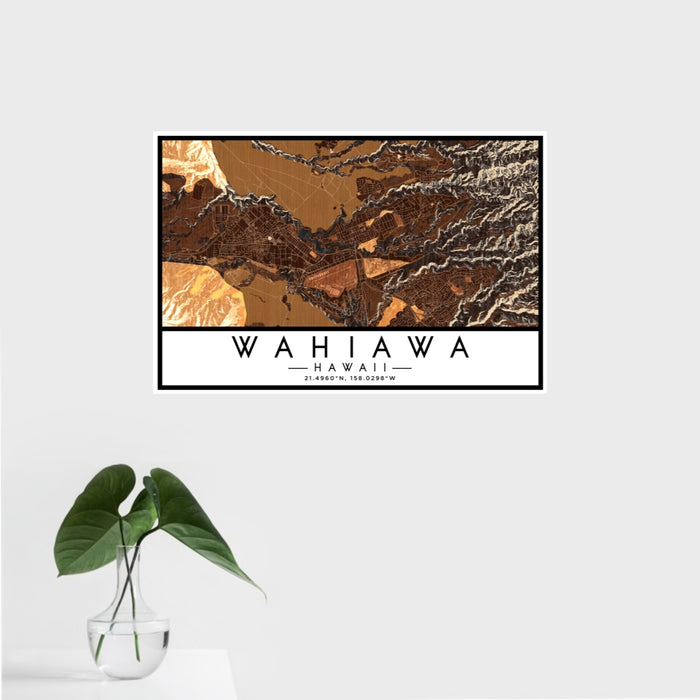 16x24 Wahiawa Hawaii Map Print Landscape Orientation in Ember Style With Tropical Plant Leaves in Water