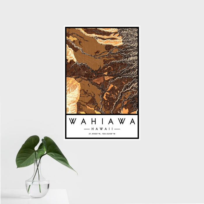 16x24 Wahiawa Hawaii Map Print Portrait Orientation in Ember Style With Tropical Plant Leaves in Water