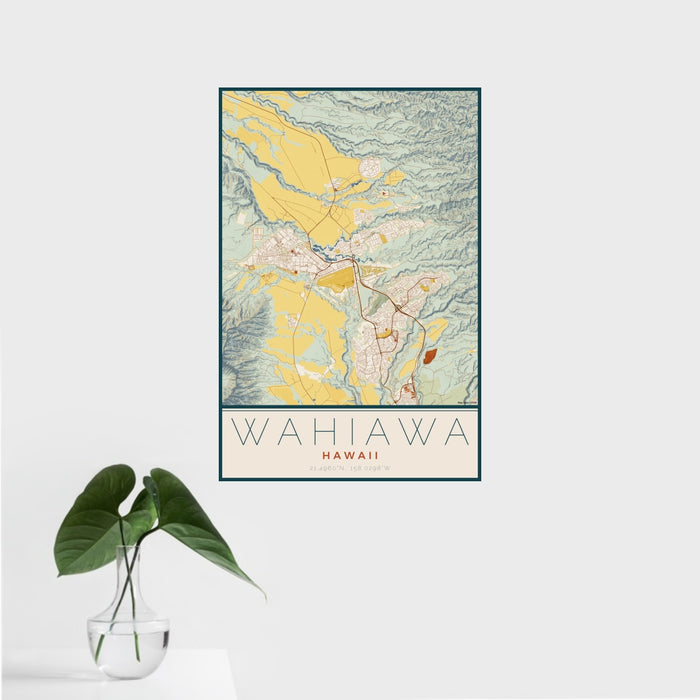 16x24 Wahiawa Hawaii Map Print Portrait Orientation in Woodblock Style With Tropical Plant Leaves in Water