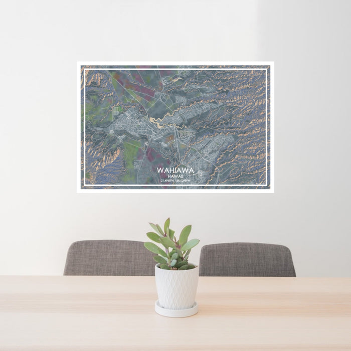 24x36 Wahiawa Hawaii Map Print Lanscape Orientation in Afternoon Style Behind 2 Chairs Table and Potted Plant