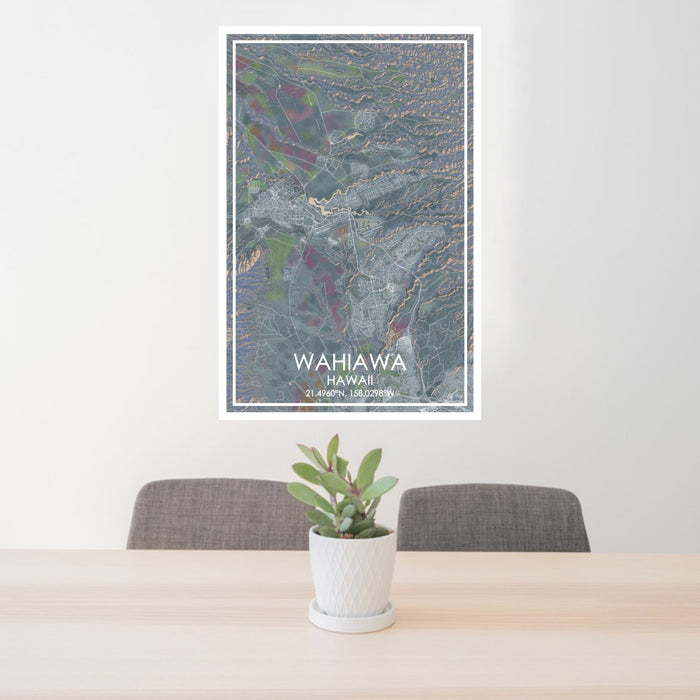 24x36 Wahiawa Hawaii Map Print Portrait Orientation in Afternoon Style Behind 2 Chairs Table and Potted Plant