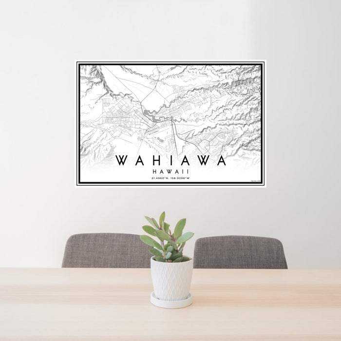 24x36 Wahiawa Hawaii Map Print Lanscape Orientation in Classic Style Behind 2 Chairs Table and Potted Plant