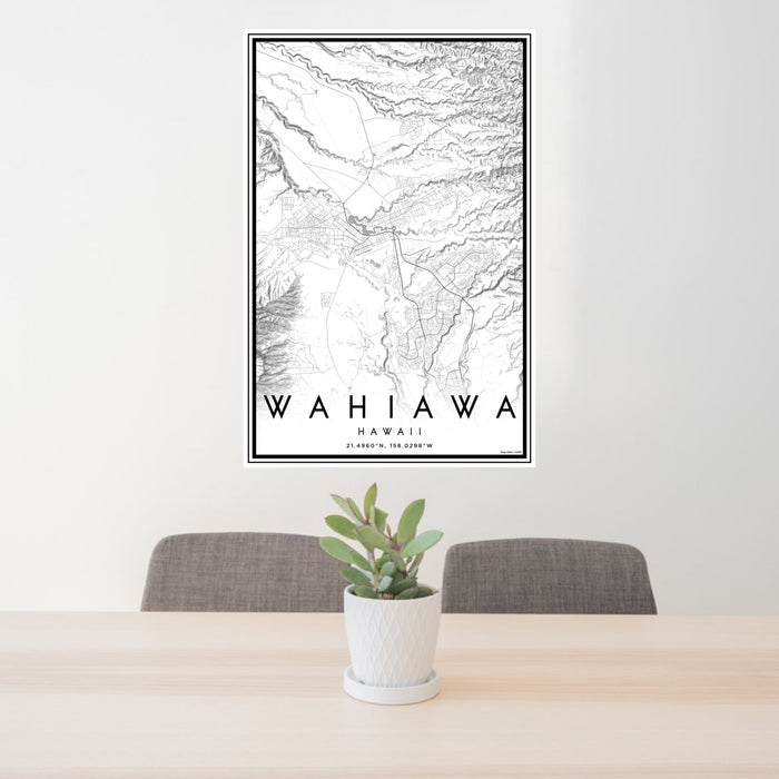 24x36 Wahiawa Hawaii Map Print Portrait Orientation in Classic Style Behind 2 Chairs Table and Potted Plant