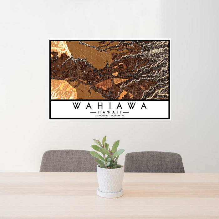 24x36 Wahiawa Hawaii Map Print Lanscape Orientation in Ember Style Behind 2 Chairs Table and Potted Plant