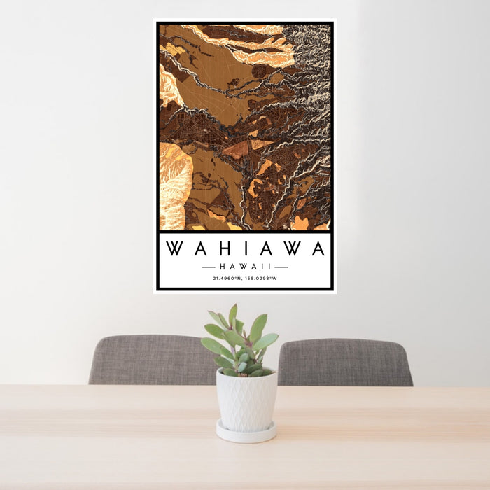 24x36 Wahiawa Hawaii Map Print Portrait Orientation in Ember Style Behind 2 Chairs Table and Potted Plant