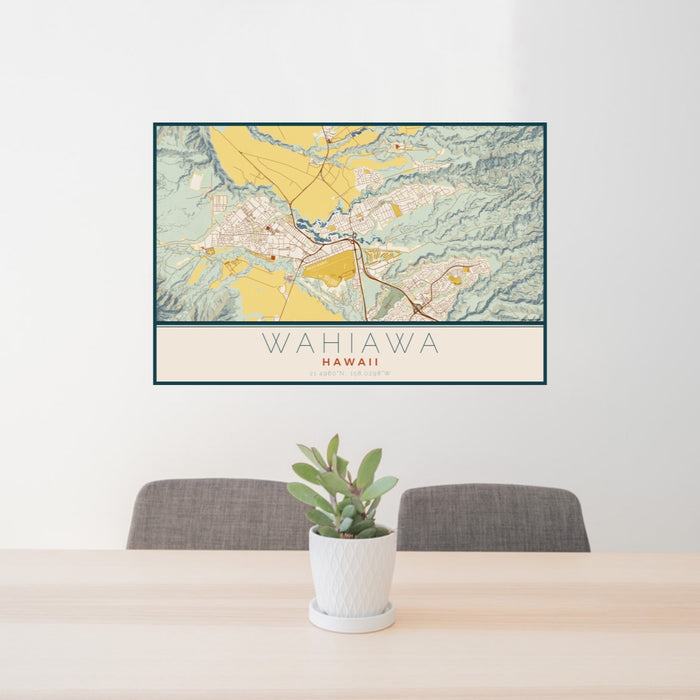 24x36 Wahiawa Hawaii Map Print Lanscape Orientation in Woodblock Style Behind 2 Chairs Table and Potted Plant