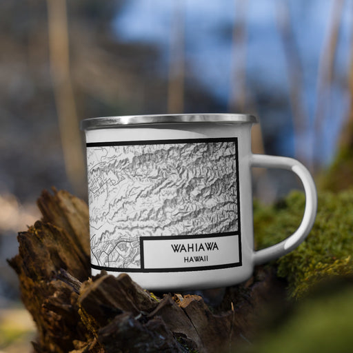 Right View Custom Wahiawa Hawaii Map Enamel Mug in Classic on Grass With Trees in Background