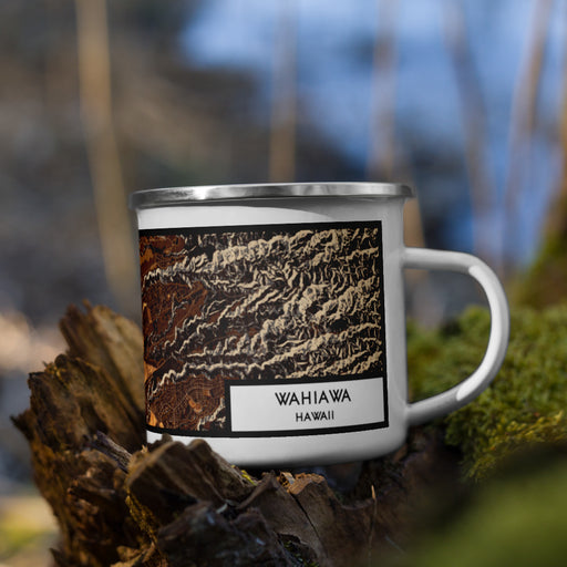 Right View Custom Wahiawa Hawaii Map Enamel Mug in Ember on Grass With Trees in Background