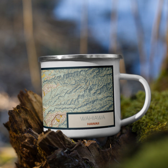 Right View Custom Wahiawa Hawaii Map Enamel Mug in Woodblock on Grass With Trees in Background