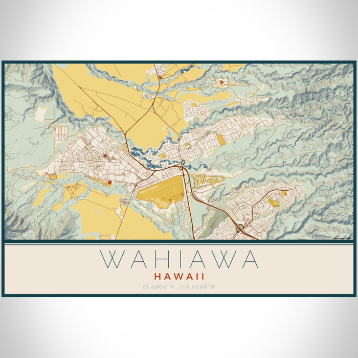Wahiawa Hawaii Map Print Landscape Orientation in Woodblock Style With Shaded Background