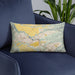 Custom Wahiawa Hawaii Map Throw Pillow in Woodblock on Blue Colored Chair