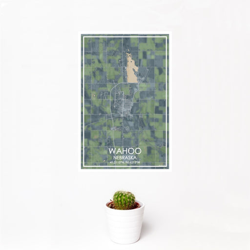 12x18 Wahoo Nebraska Map Print Portrait Orientation in Afternoon Style With Small Cactus Plant in White Planter
