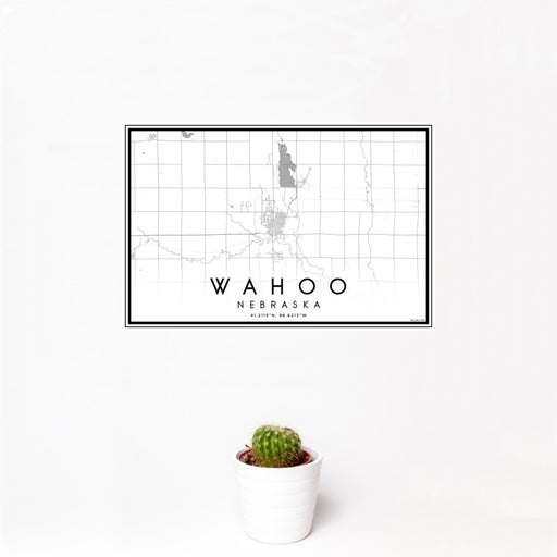 12x18 Wahoo Nebraska Map Print Landscape Orientation in Classic Style With Small Cactus Plant in White Planter