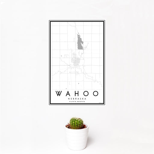 12x18 Wahoo Nebraska Map Print Portrait Orientation in Classic Style With Small Cactus Plant in White Planter