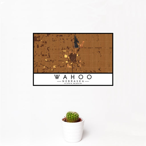 12x18 Wahoo Nebraska Map Print Landscape Orientation in Ember Style With Small Cactus Plant in White Planter