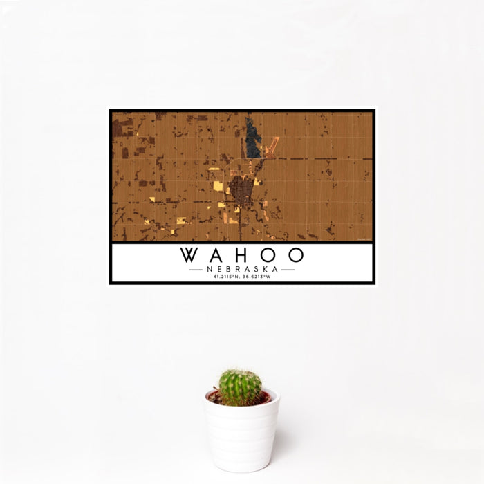 12x18 Wahoo Nebraska Map Print Landscape Orientation in Ember Style With Small Cactus Plant in White Planter
