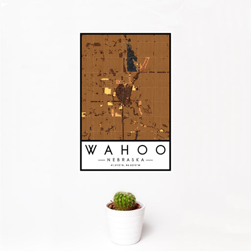 12x18 Wahoo Nebraska Map Print Portrait Orientation in Ember Style With Small Cactus Plant in White Planter