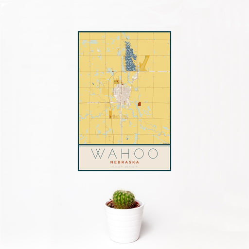 12x18 Wahoo Nebraska Map Print Portrait Orientation in Woodblock Style With Small Cactus Plant in White Planter