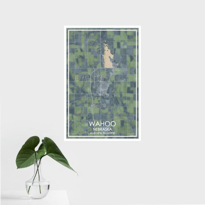 16x24 Wahoo Nebraska Map Print Portrait Orientation in Afternoon Style With Tropical Plant Leaves in Water