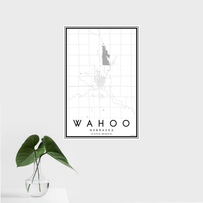 16x24 Wahoo Nebraska Map Print Portrait Orientation in Classic Style With Tropical Plant Leaves in Water