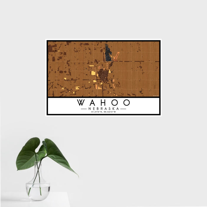 16x24 Wahoo Nebraska Map Print Landscape Orientation in Ember Style With Tropical Plant Leaves in Water