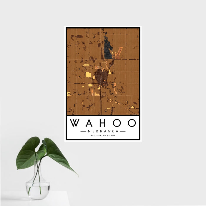 16x24 Wahoo Nebraska Map Print Portrait Orientation in Ember Style With Tropical Plant Leaves in Water
