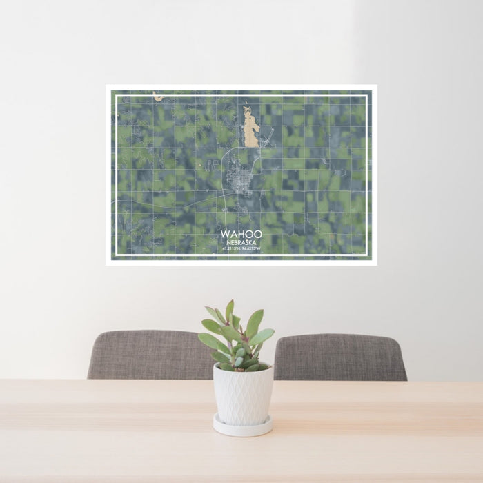 24x36 Wahoo Nebraska Map Print Lanscape Orientation in Afternoon Style Behind 2 Chairs Table and Potted Plant