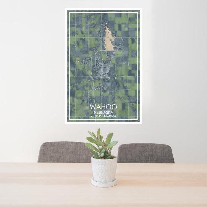 24x36 Wahoo Nebraska Map Print Portrait Orientation in Afternoon Style Behind 2 Chairs Table and Potted Plant