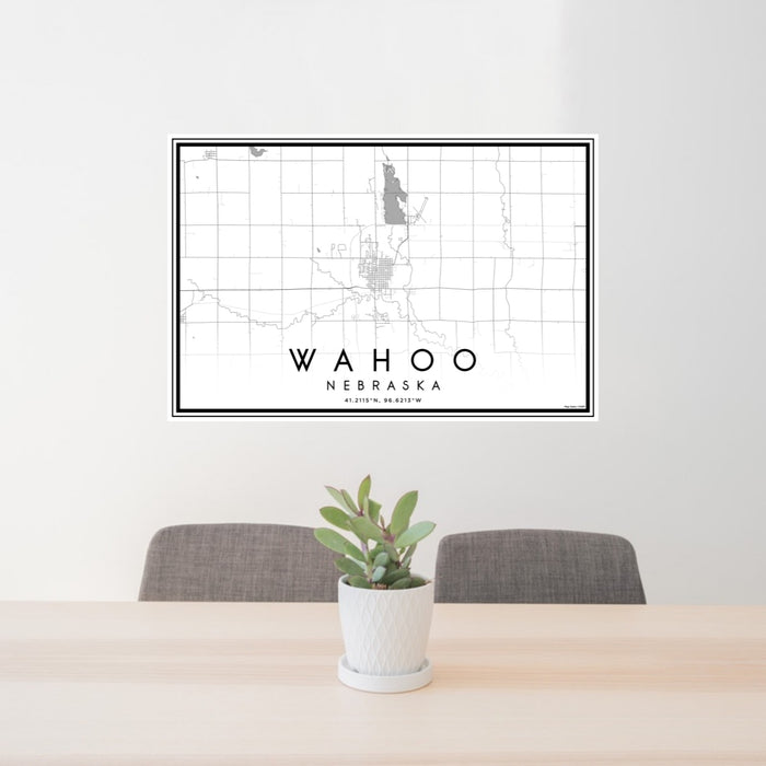 24x36 Wahoo Nebraska Map Print Lanscape Orientation in Classic Style Behind 2 Chairs Table and Potted Plant