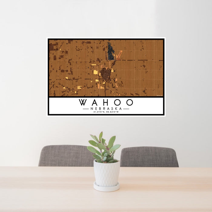 24x36 Wahoo Nebraska Map Print Lanscape Orientation in Ember Style Behind 2 Chairs Table and Potted Plant