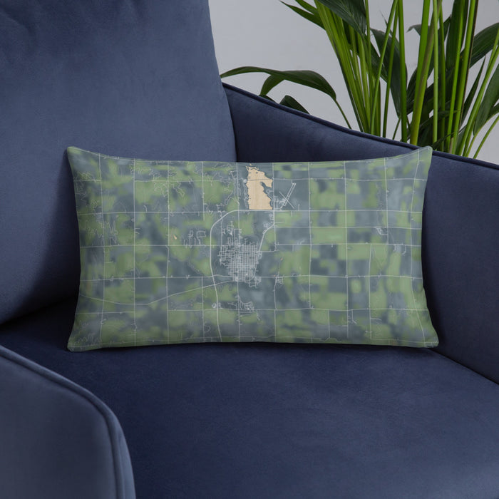 Custom Wahoo Nebraska Map Throw Pillow in Afternoon on Blue Colored Chair