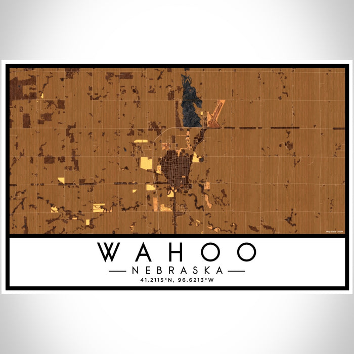 Wahoo Nebraska Map Print Landscape Orientation in Ember Style With Shaded Background