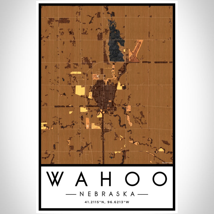Wahoo Nebraska Map Print Portrait Orientation in Ember Style With Shaded Background